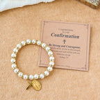 Pulsera Moderna de Perlas con Medalla Milagrosa Dorada y Tarjeta de Bendición: Comunión Opulenta