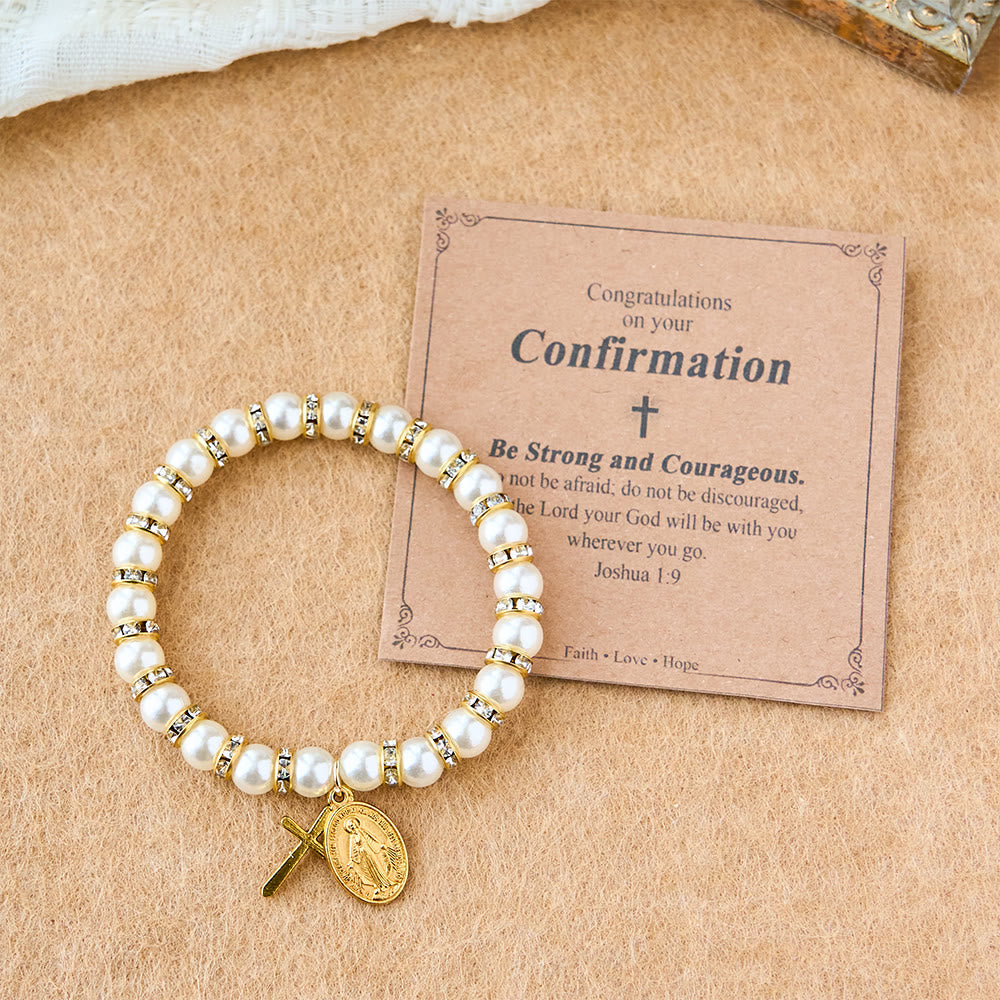 Pulsera Moderna de Perlas con Medalla Milagrosa Dorada y Tarjeta de Bendición: Comunión Opulenta