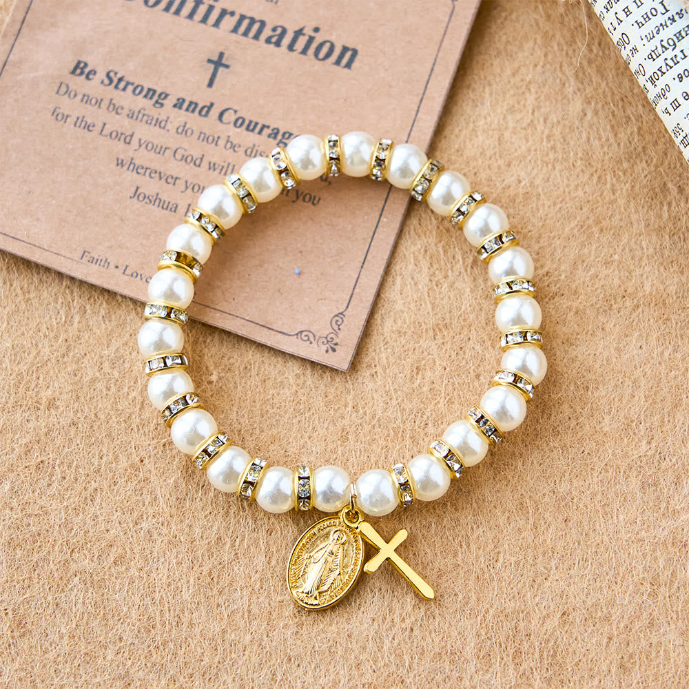 Pulsera Moderna de Perlas con Medalla Milagrosa Dorada y Tarjeta de Bendición: Comunión Opulenta