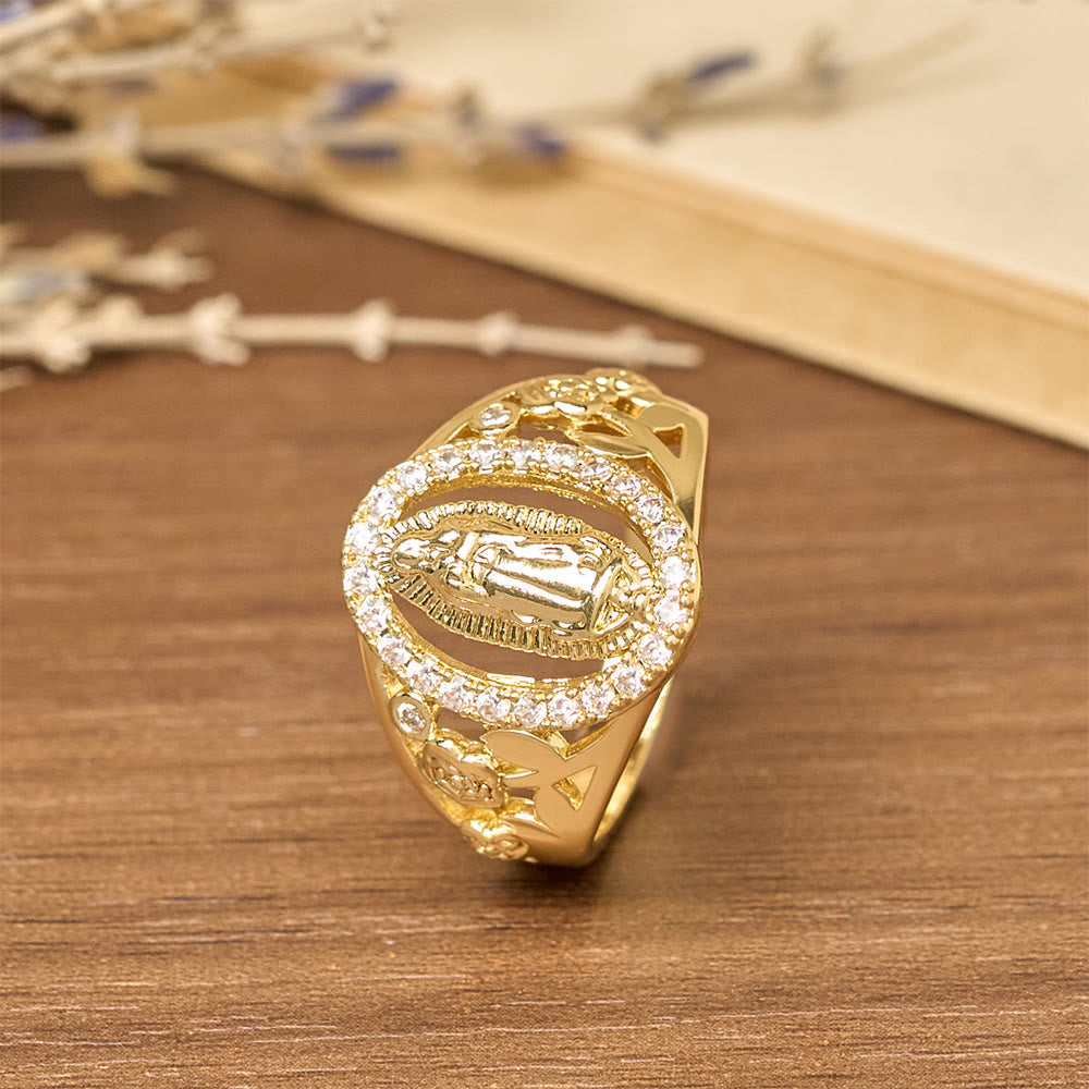 Anillo de la Virgen con Circonias Circundantes y Detalles Florales: Encarna Su Tierna Gracia