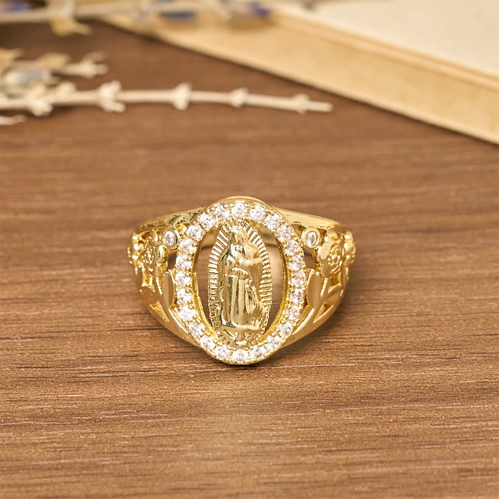 Anillo de la Virgen con Circonias Circundantes y Detalles Florales: Encarna Su Tierna Gracia