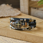 Pulsera Ancha de Cuero Negro Colección San Benito con Múltiples Diseños de Fe