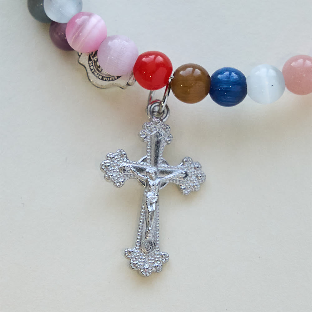 Pulsera Rosario de Alambre con Memoria de Ojo de Gato Multicolor de 6 mm con San Benito