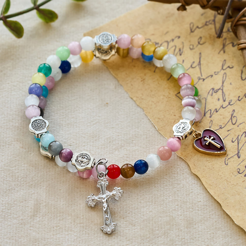 Pulsera Rosario de Alambre con Memoria de Ojo de Gato Multicolor de 6 mm con San Benito