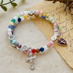 Pulsera Rosario de Alambre con Memoria de Ojo de Gato Multicolor de 6 mm con San Benito
