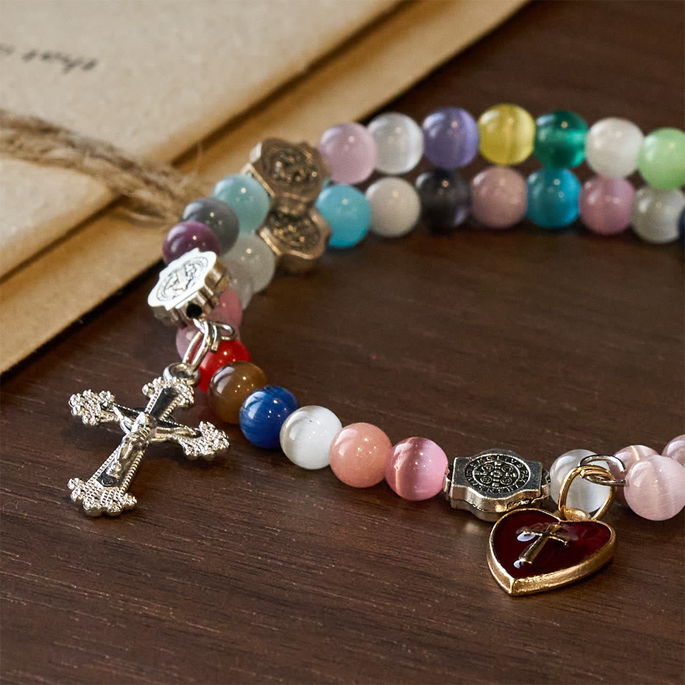 Pulsera Rosario de Alambre con Memoria de Ojo de Gato Multicolor de 6 mm con San Benito