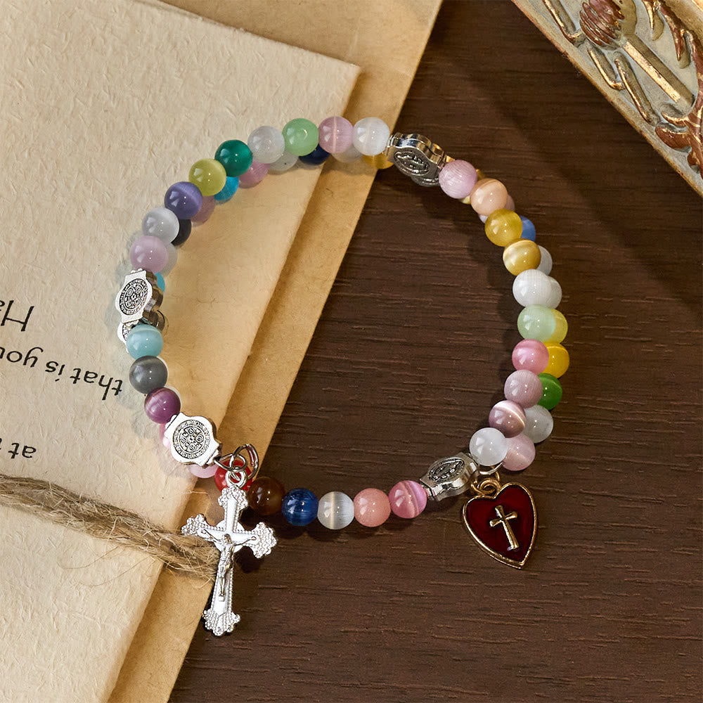 Pulsera Rosario de Alambre con Memoria de Ojo de Gato Multicolor de 6 mm con San Benito
