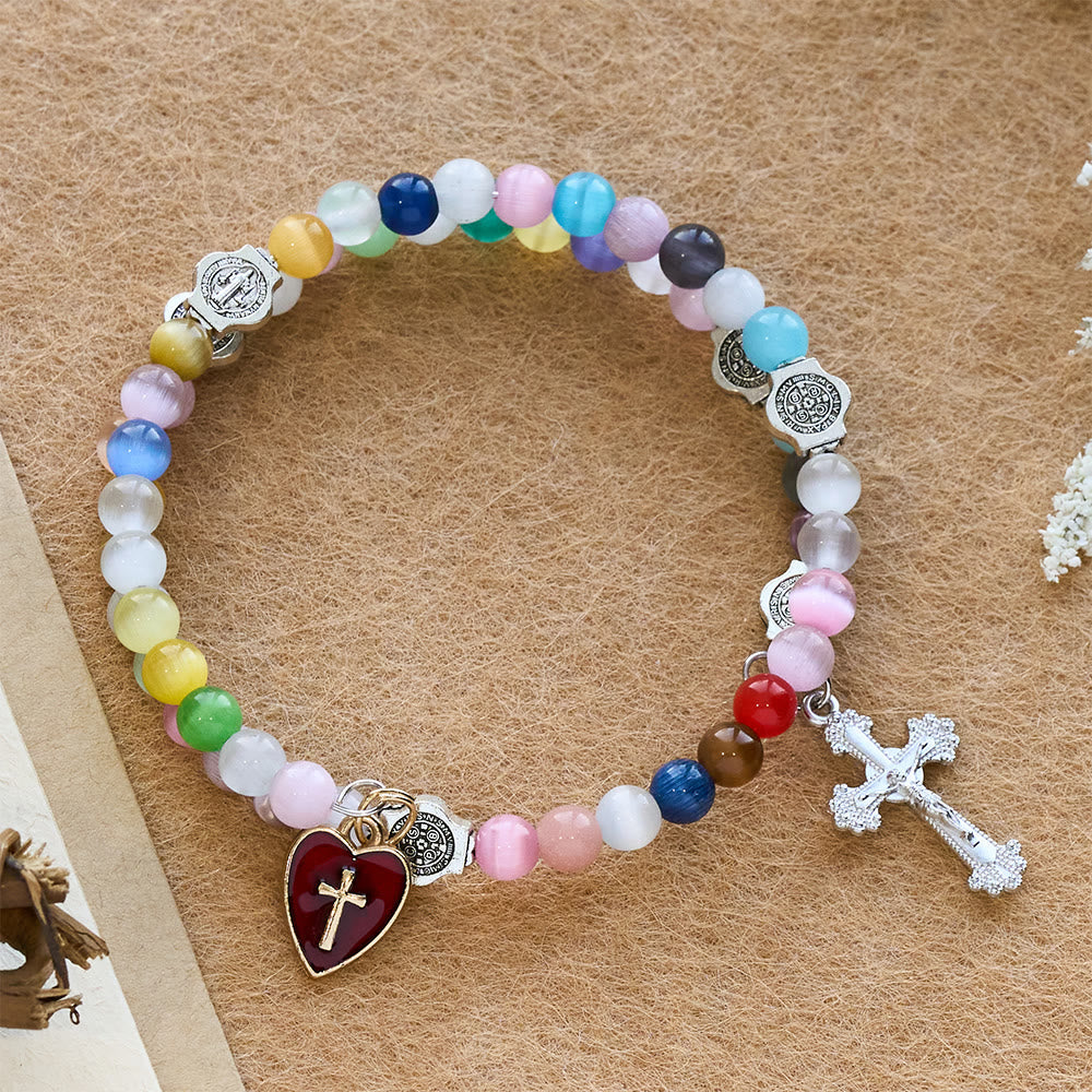 Pulsera Rosario de Alambre con Memoria de Ojo de Gato Multicolor de 6 mm con San Benito