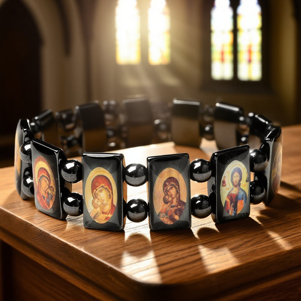 Pulsera de Hematita con Ícono Sagrado: Símbolo de Devoción Eterna