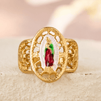 Anillo Calado Ornamentado de la Virgen: Tres Variaciones de Color para una Devoción Eterna