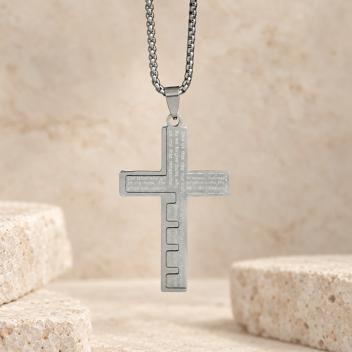 Modern Tri-Color Lord's Prayer Cross Necklace