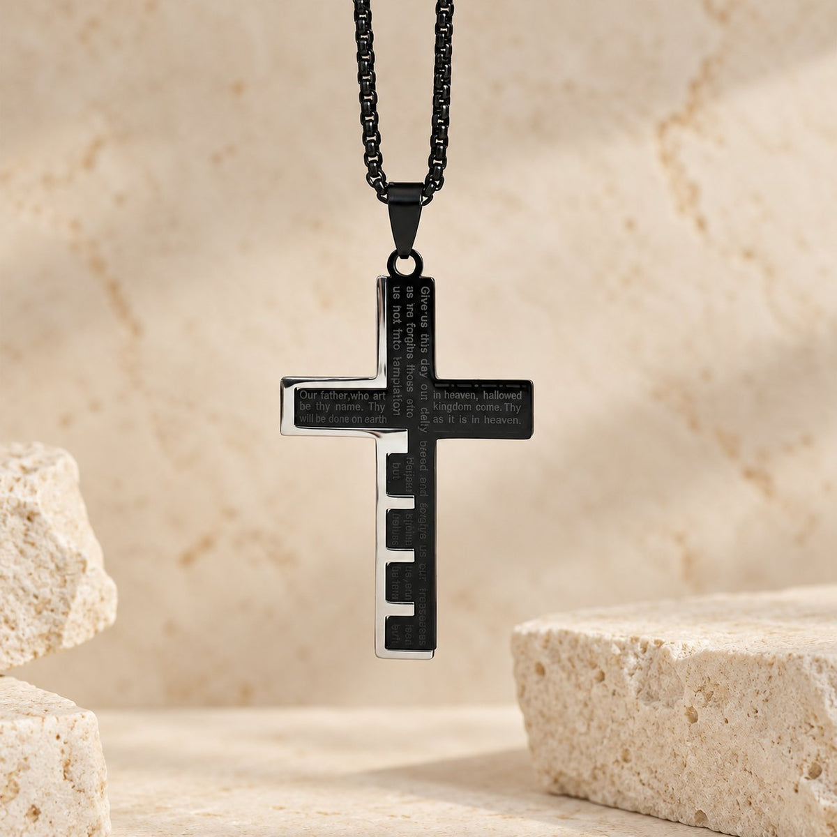 Modern Tri-Color Lord's Prayer Cross Necklace