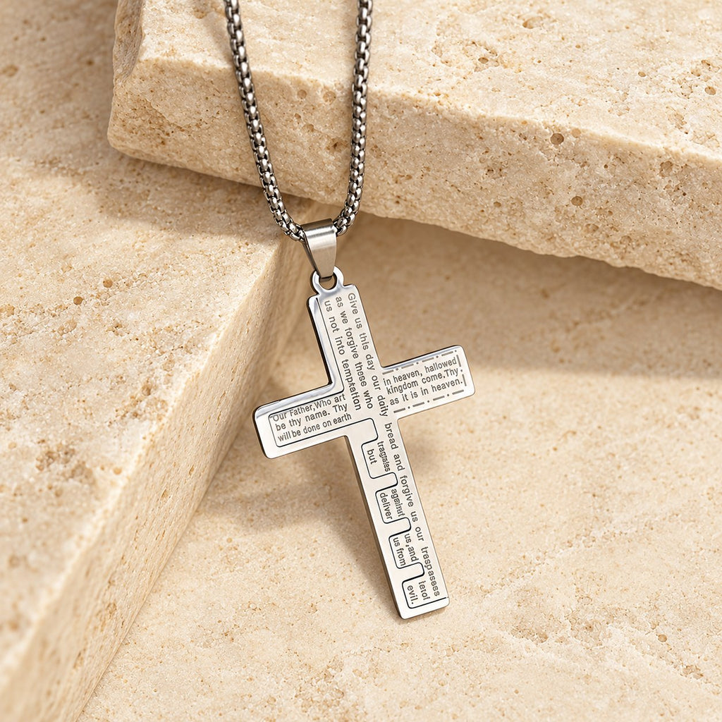 Modern Tri-Color Lord's Prayer Cross Necklace