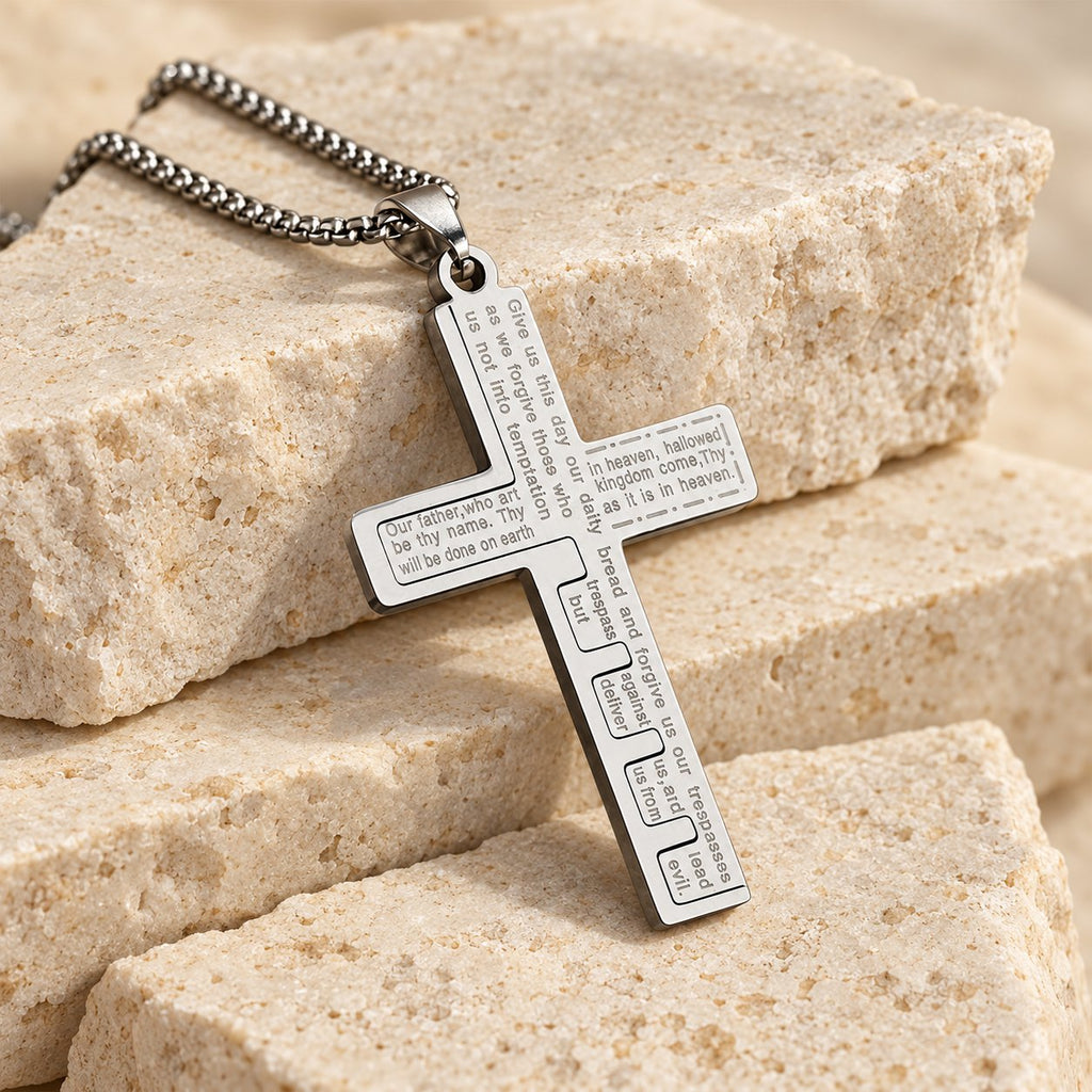 Modern Tri-Color Lord's Prayer Cross Necklace