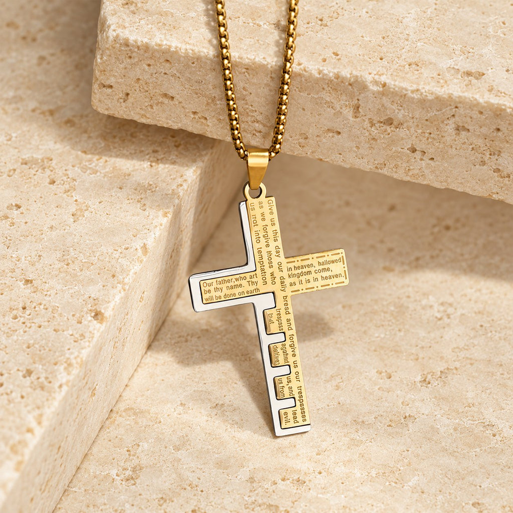 Modern Tri-Color Lord's Prayer Cross Necklace