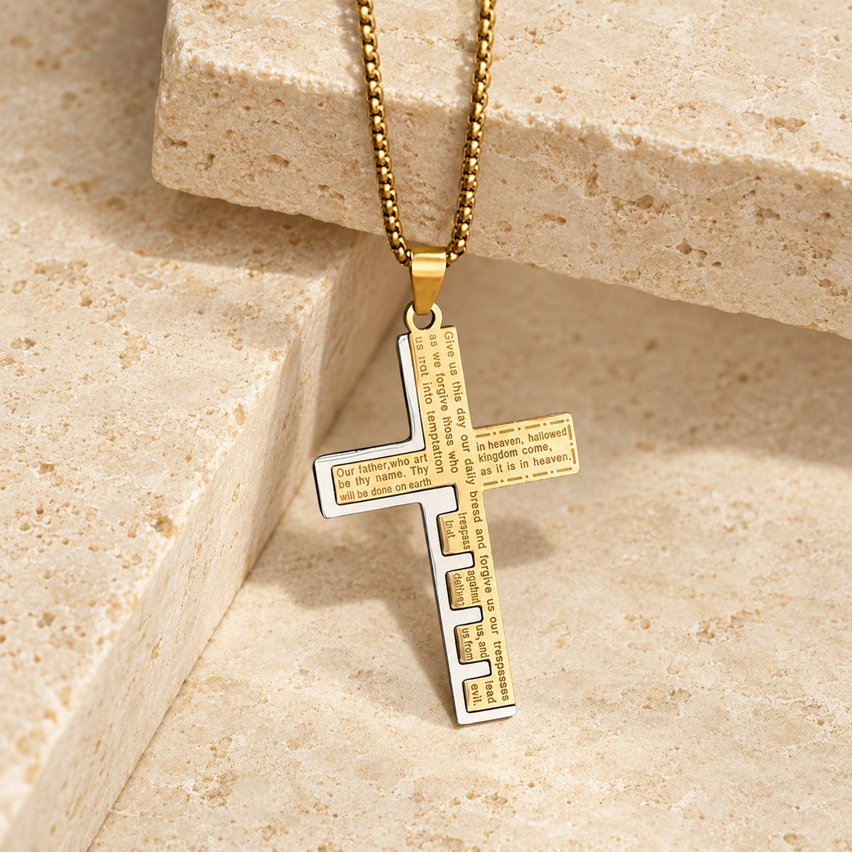 Modern Tri-Color Lord's Prayer Cross Necklace