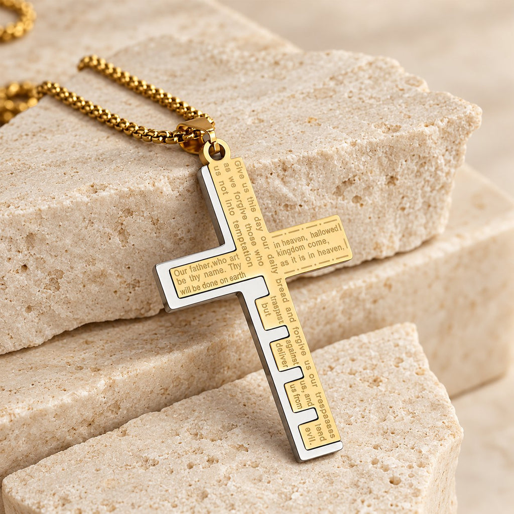Modern Tri-Color Lord's Prayer Cross Necklace