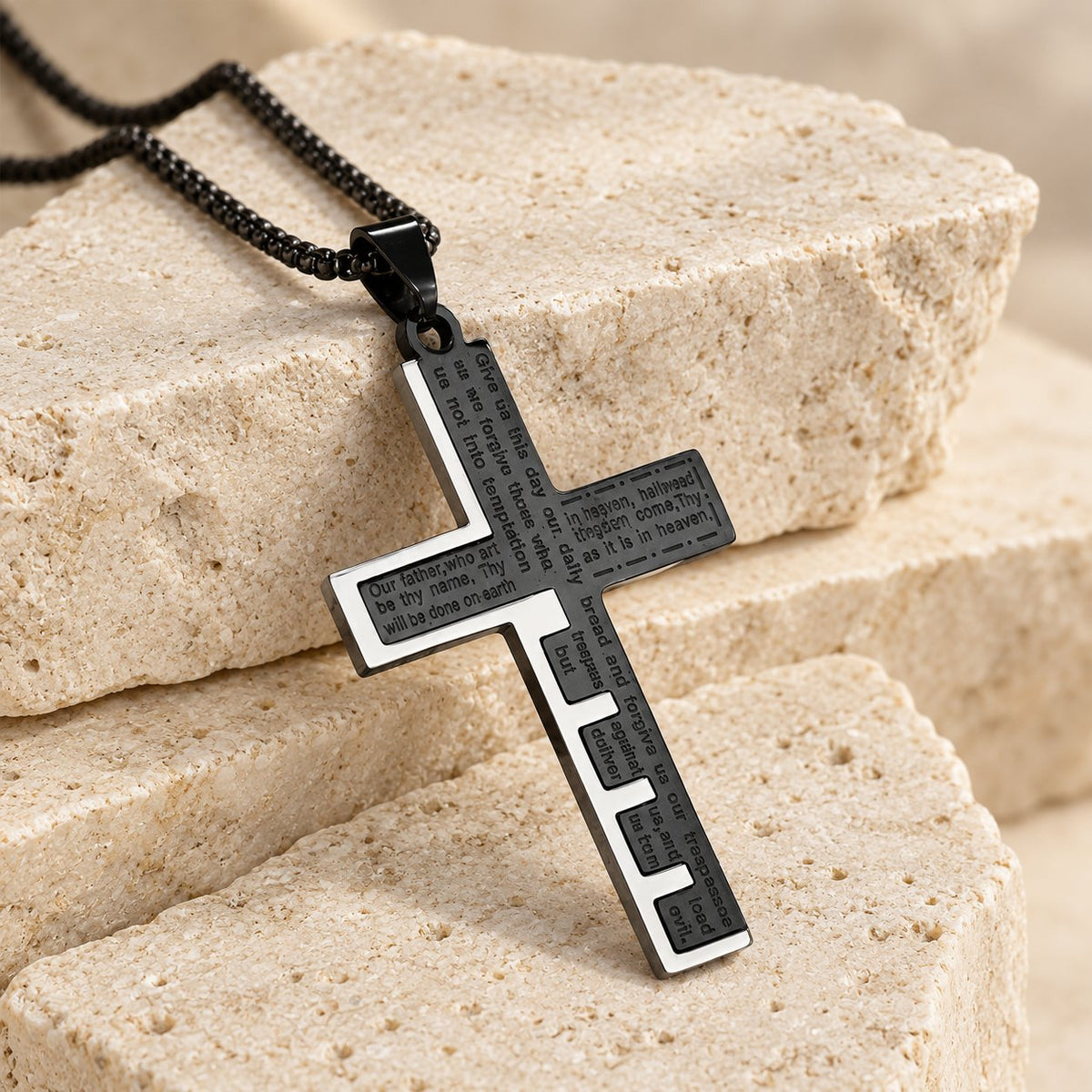 Modern Tri-Color Lord's Prayer Cross Necklace