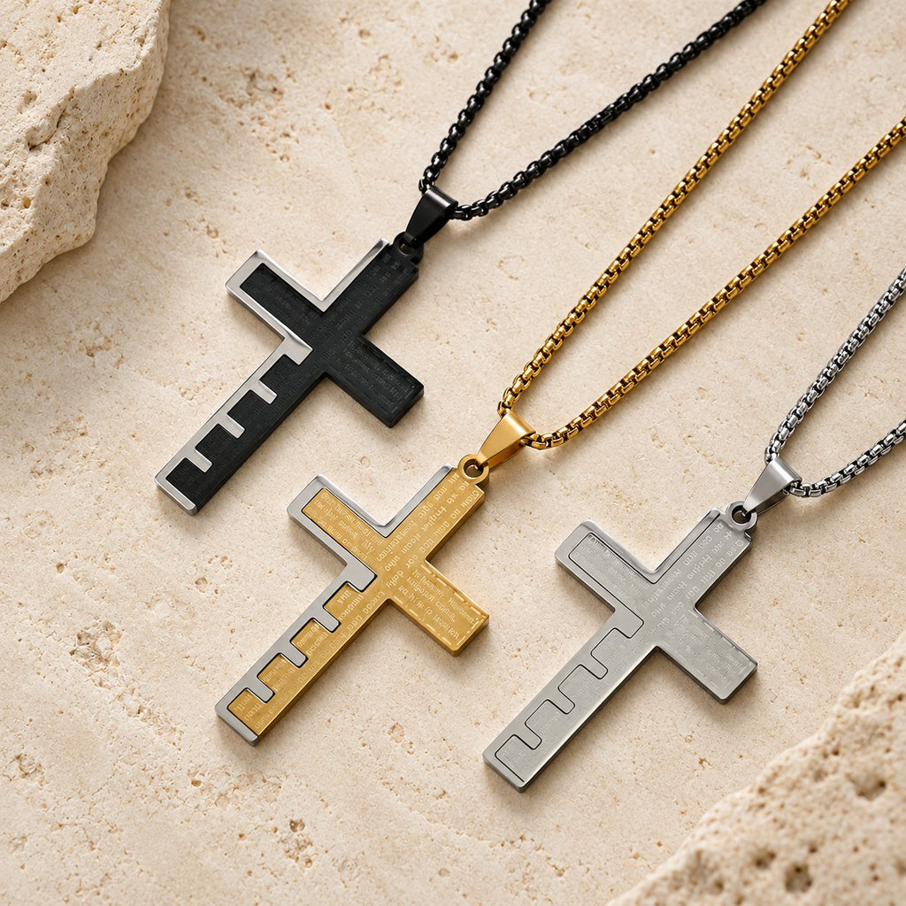 Modern Tri-Color Lord's Prayer Cross Necklace