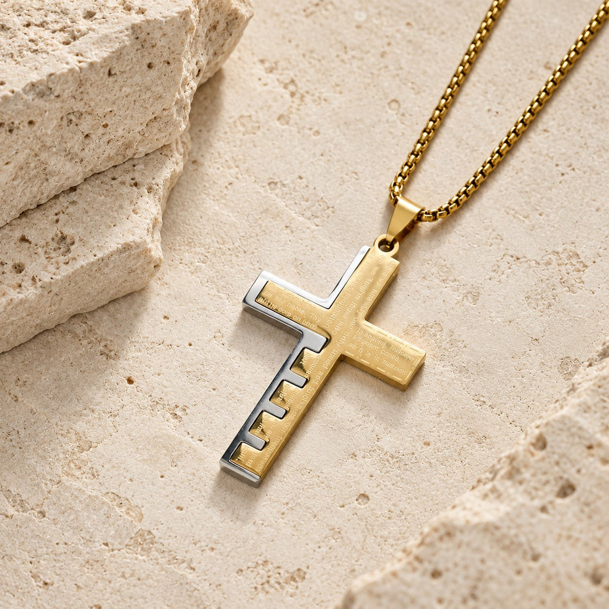 Modern Tri-Color Lord's Prayer Cross Necklace