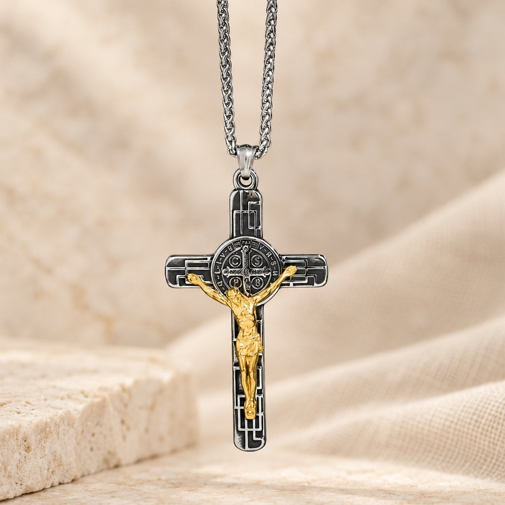 Classic Retro Style Crucifix St. Benedict Medal Protection Pendant