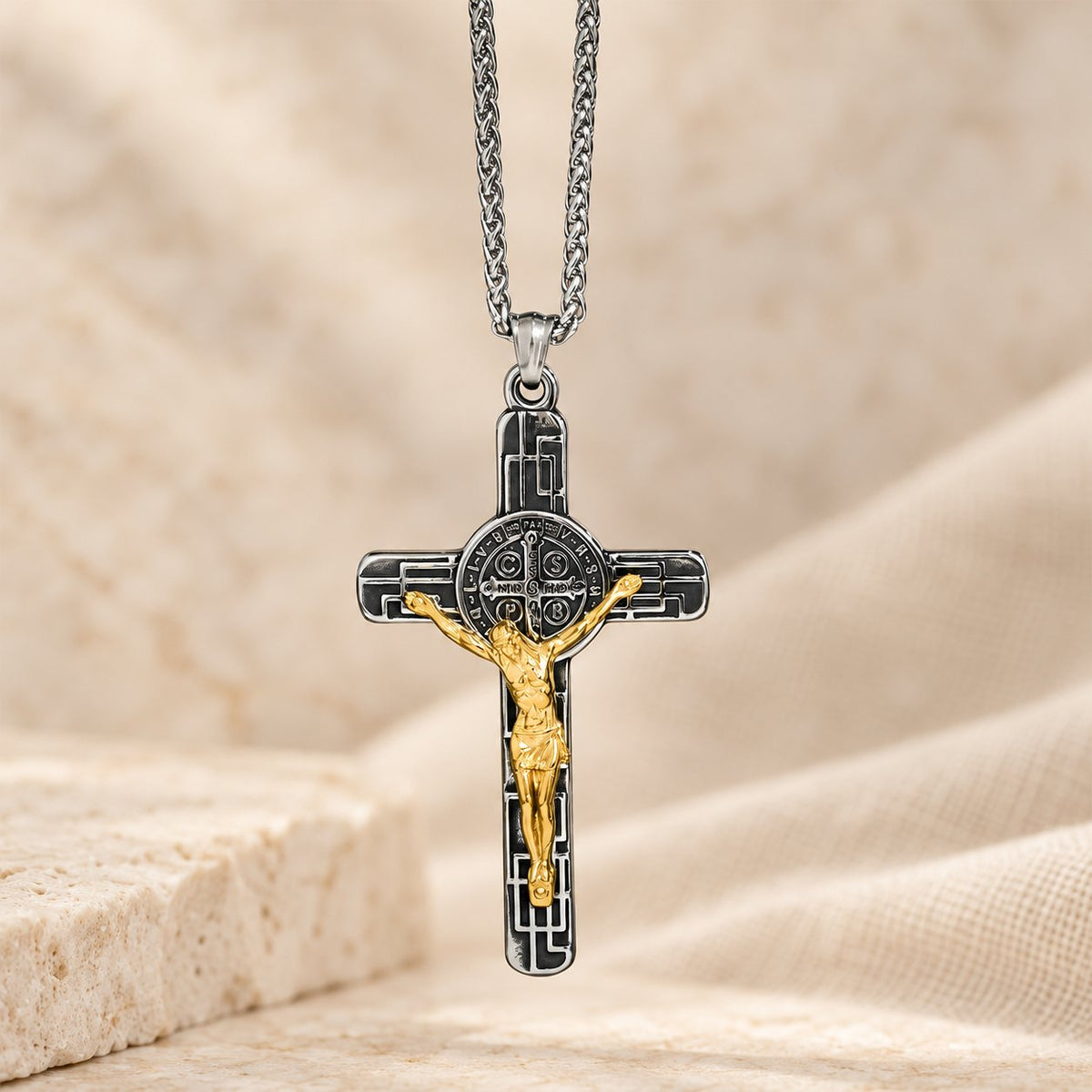 Classic Retro Style Crucifix St. Benedict Medal Protection Pendant