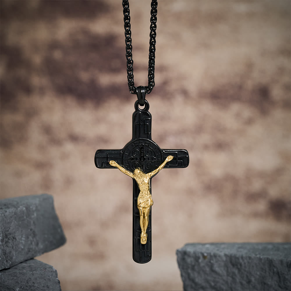 Collar con Dije Crucifijo y Medalla de San Benito Estilo Retro Clásico: Protección