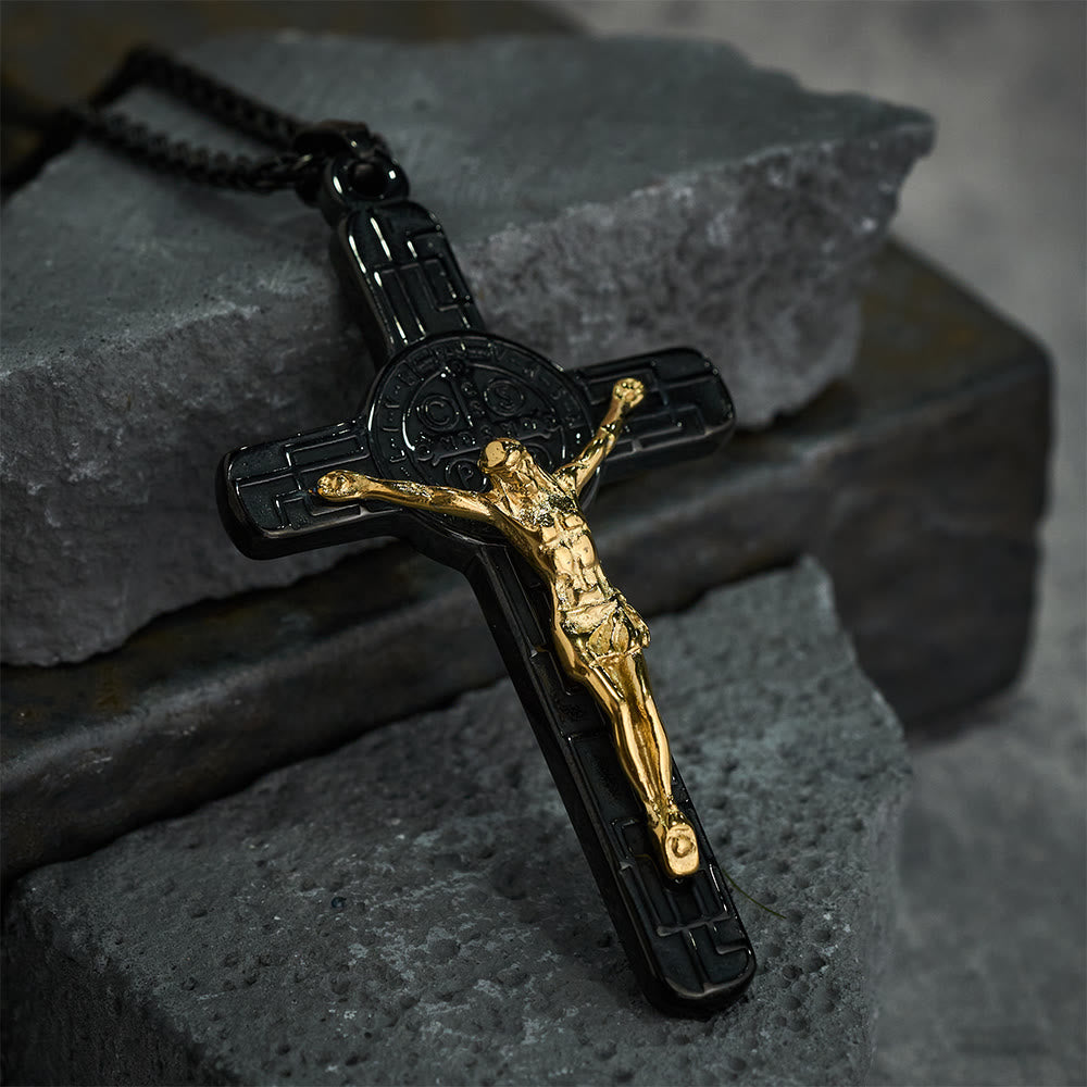 Collar con Dije Crucifijo y Medalla de San Benito Estilo Retro Clásico: Protección