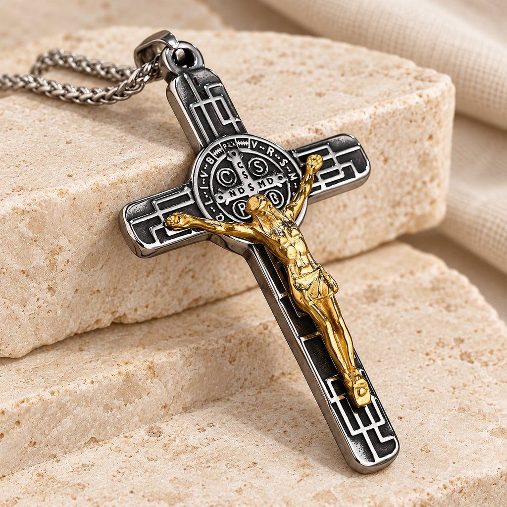 Classic Retro Style Crucifix St. Benedict Medal Protection Pendant