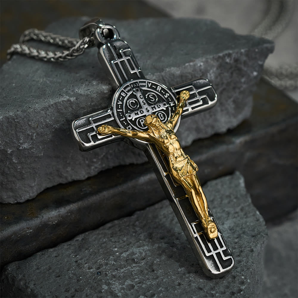 Collar con Dije Crucifijo y Medalla de San Benito Estilo Retro Clásico: Protección