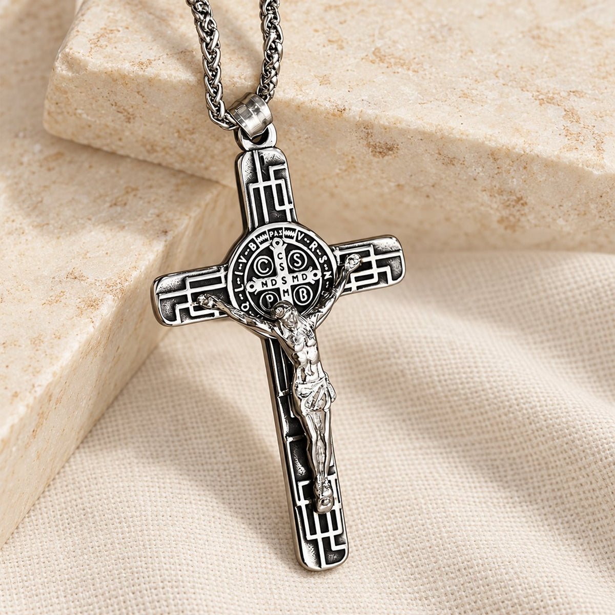 Classic Retro Style Crucifix St. Benedict Medal Protection Pendant