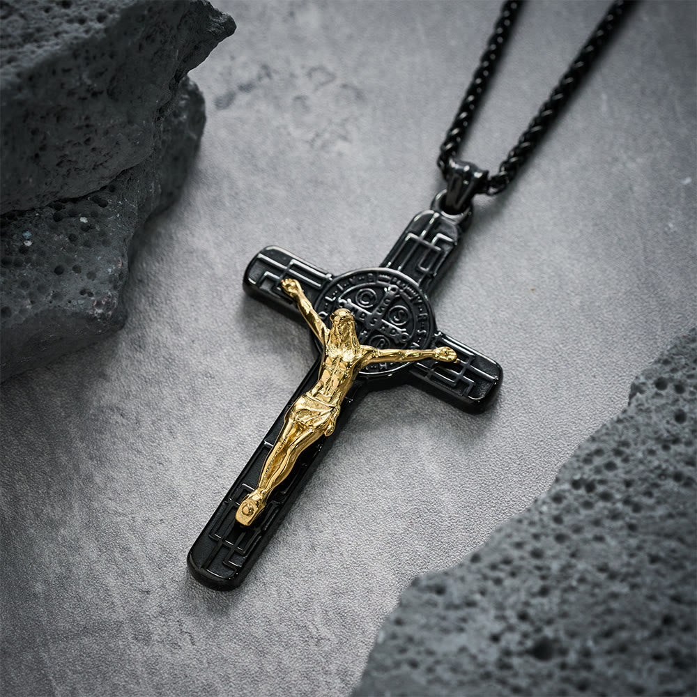 Collar con Dije Crucifijo y Medalla de San Benito Estilo Retro Clásico: Protección