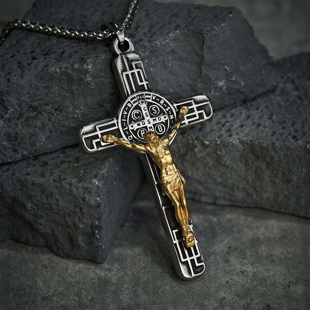 Collar con Dije Crucifijo y Medalla de San Benito Estilo Retro Clásico: Protección