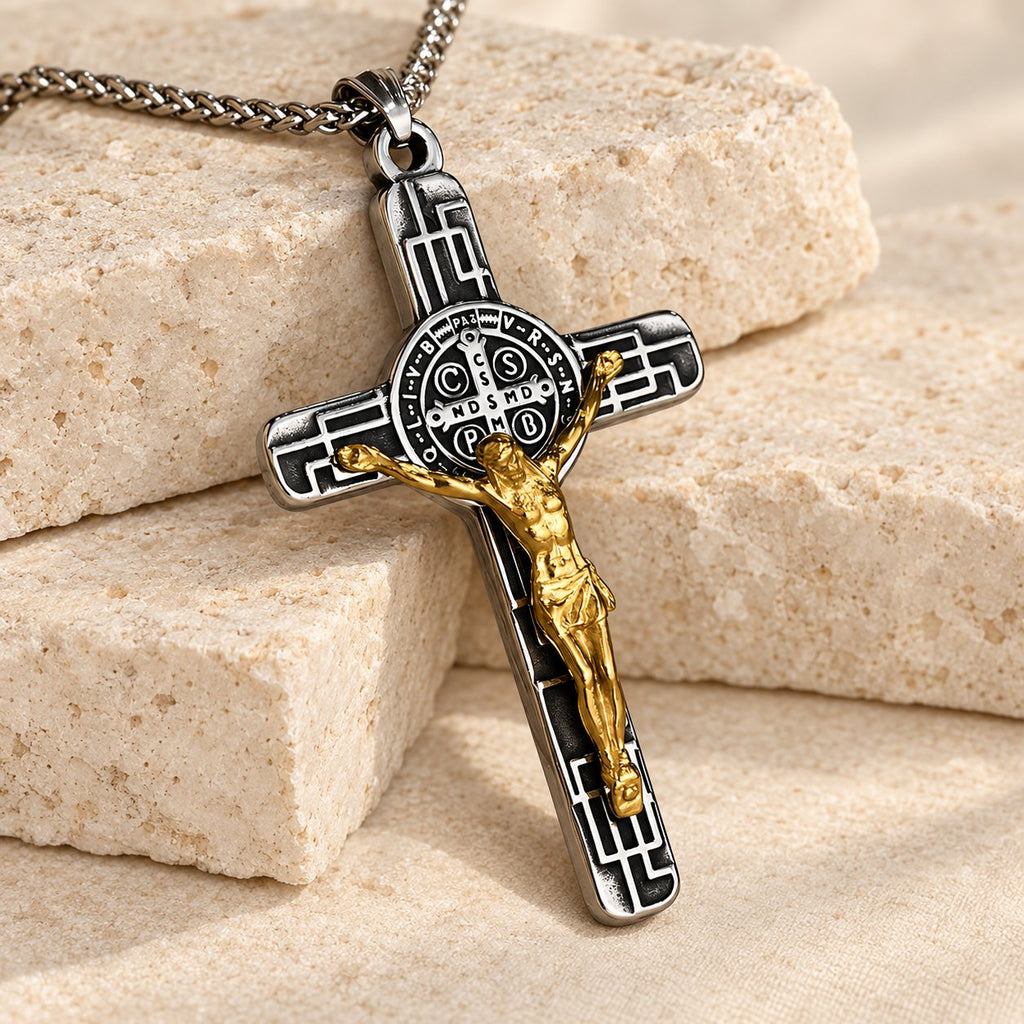 Classic Retro Style Crucifix St. Benedict Medal Protection Pendant