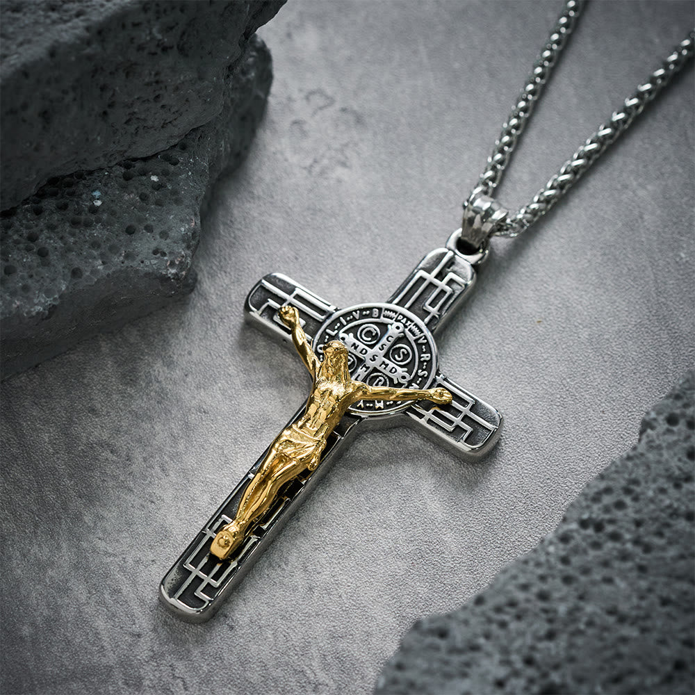 Collar con Dije Crucifijo y Medalla de San Benito Estilo Retro Clásico: Protección