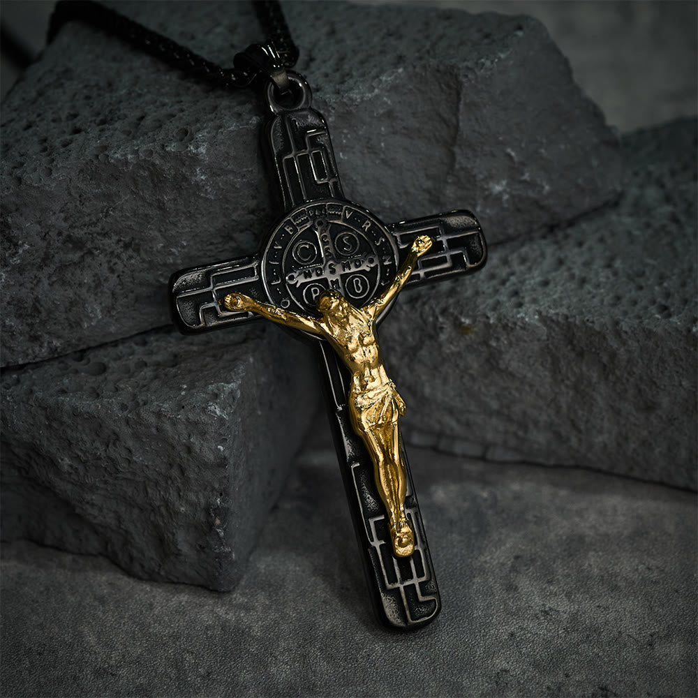 Collar con Dije Crucifijo y Medalla de San Benito Estilo Retro Clásico: Protección