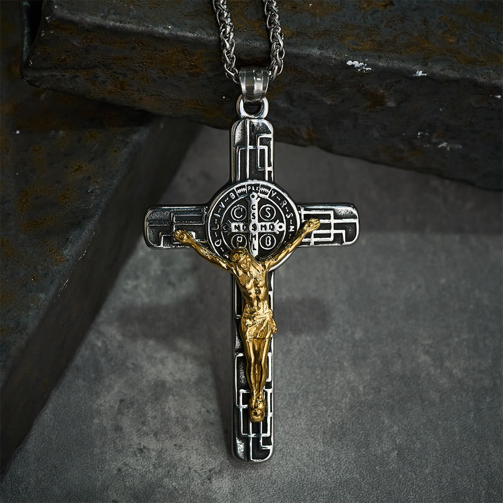 Collar con Dije Crucifijo y Medalla de San Benito Estilo Retro Clásico: Protección