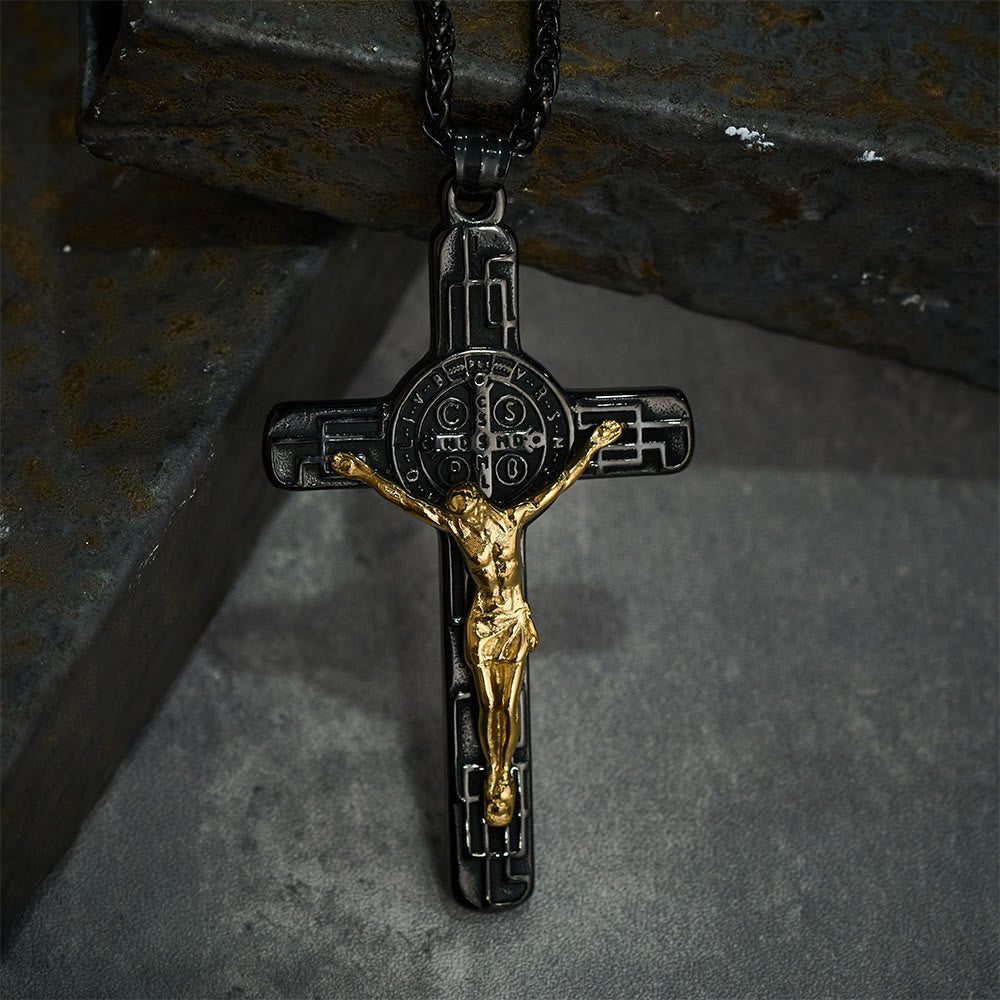 Collar con Dije Crucifijo y Medalla de San Benito Estilo Retro Clásico: Protección