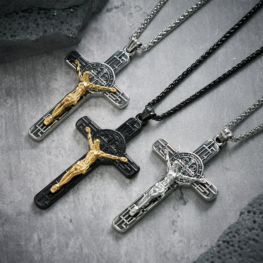 Collar con Dije Crucifijo y Medalla de San Benito Estilo Retro Clásico: Protección