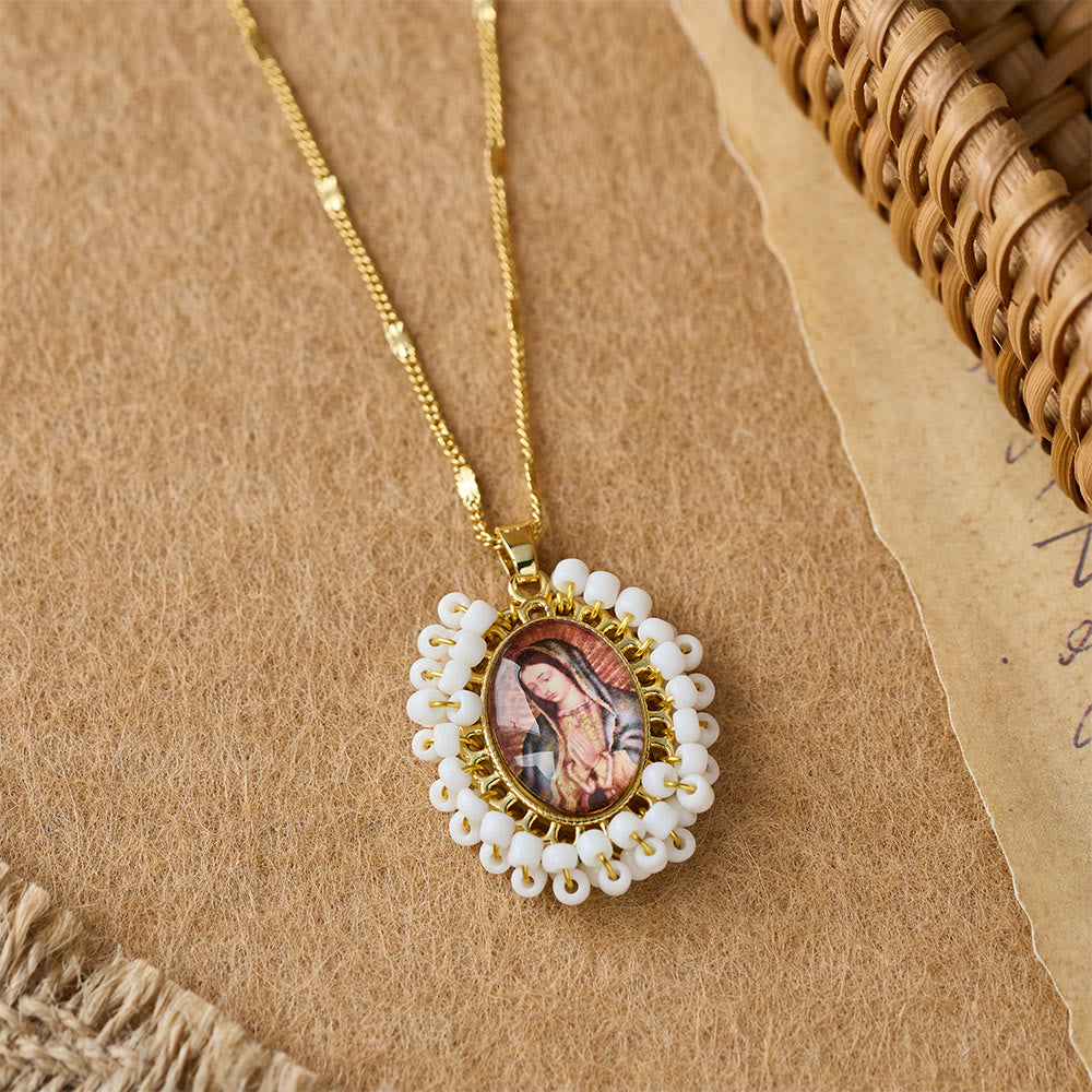 Marian Icon Beaded Oval Pendant Necklace