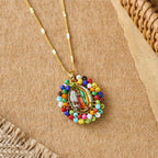 Marian Icon Beaded Oval Pendant Necklace