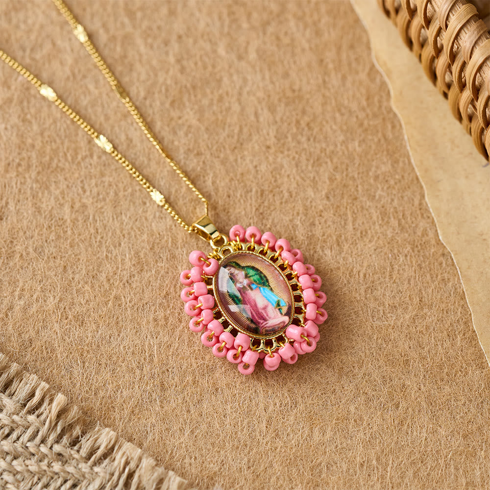 Marian Icon Beaded Oval Pendant Necklace