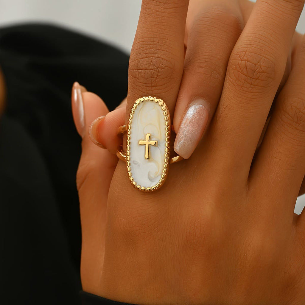 Anillo de Doble Banda Esmaltado con Detalle de Cruz: Símbolo de Fe Sutil y Estilo