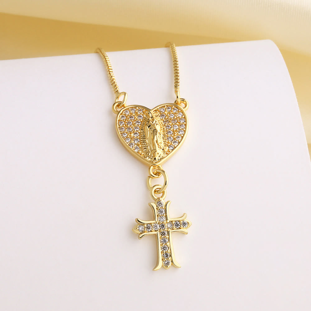 Collar de Corazón con Cruz de la Virgen y San Benito con Circonias: Gracia Divina Diaria
