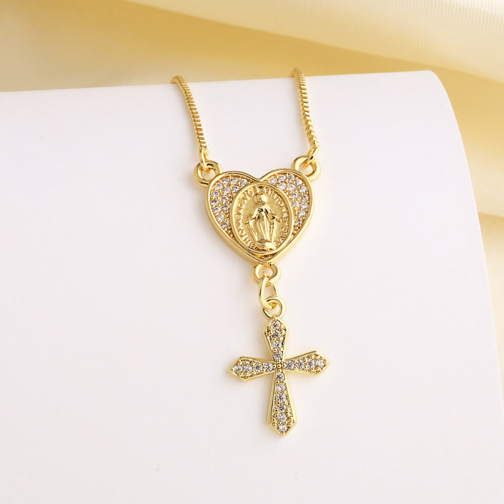 Collar de Corazón con Cruz de la Virgen y San Benito con Circonias: Gracia Divina Diaria