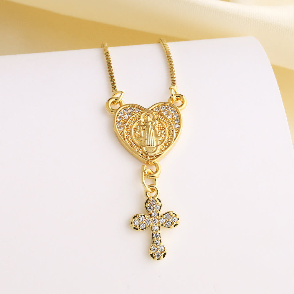 Collar de Corazón con Cruz de la Virgen y San Benito con Circonias: Gracia Divina Diaria