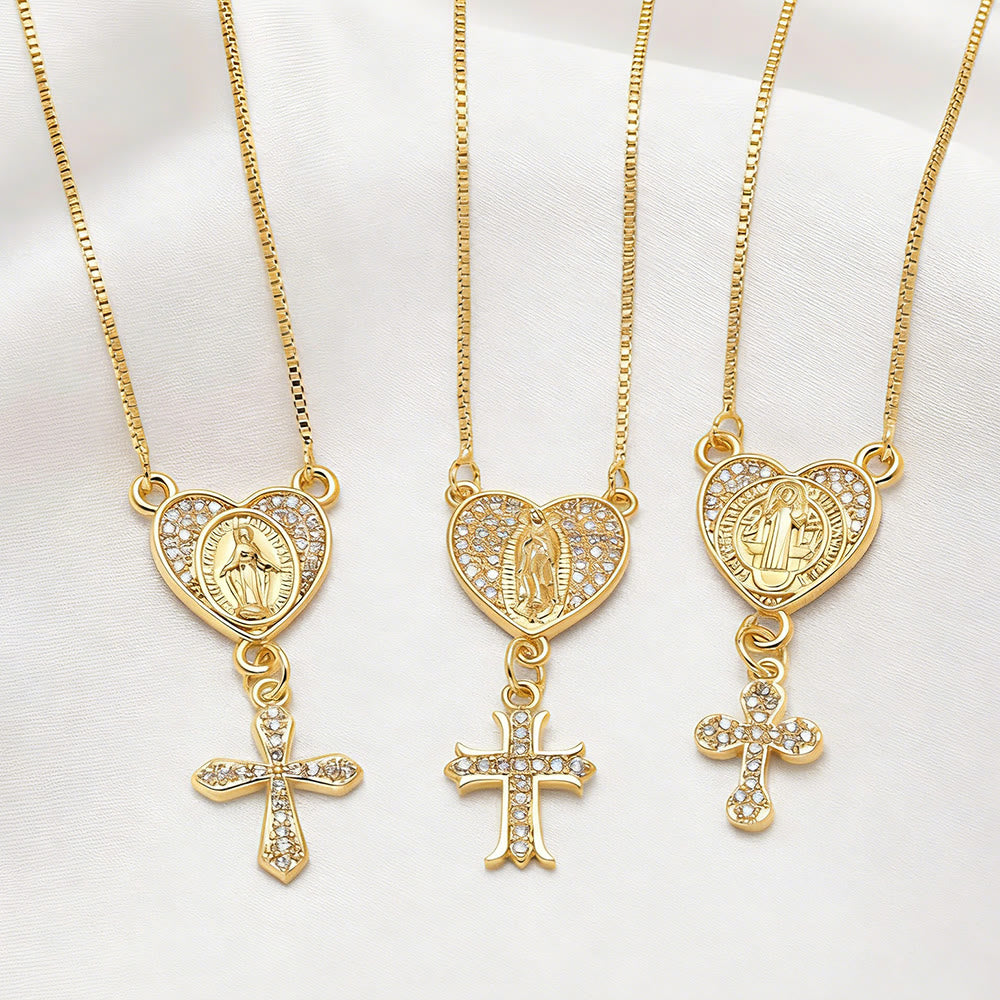 Collar de Corazón con Cruz de la Virgen y San Benito con Circonias: Gracia Divina Diaria
