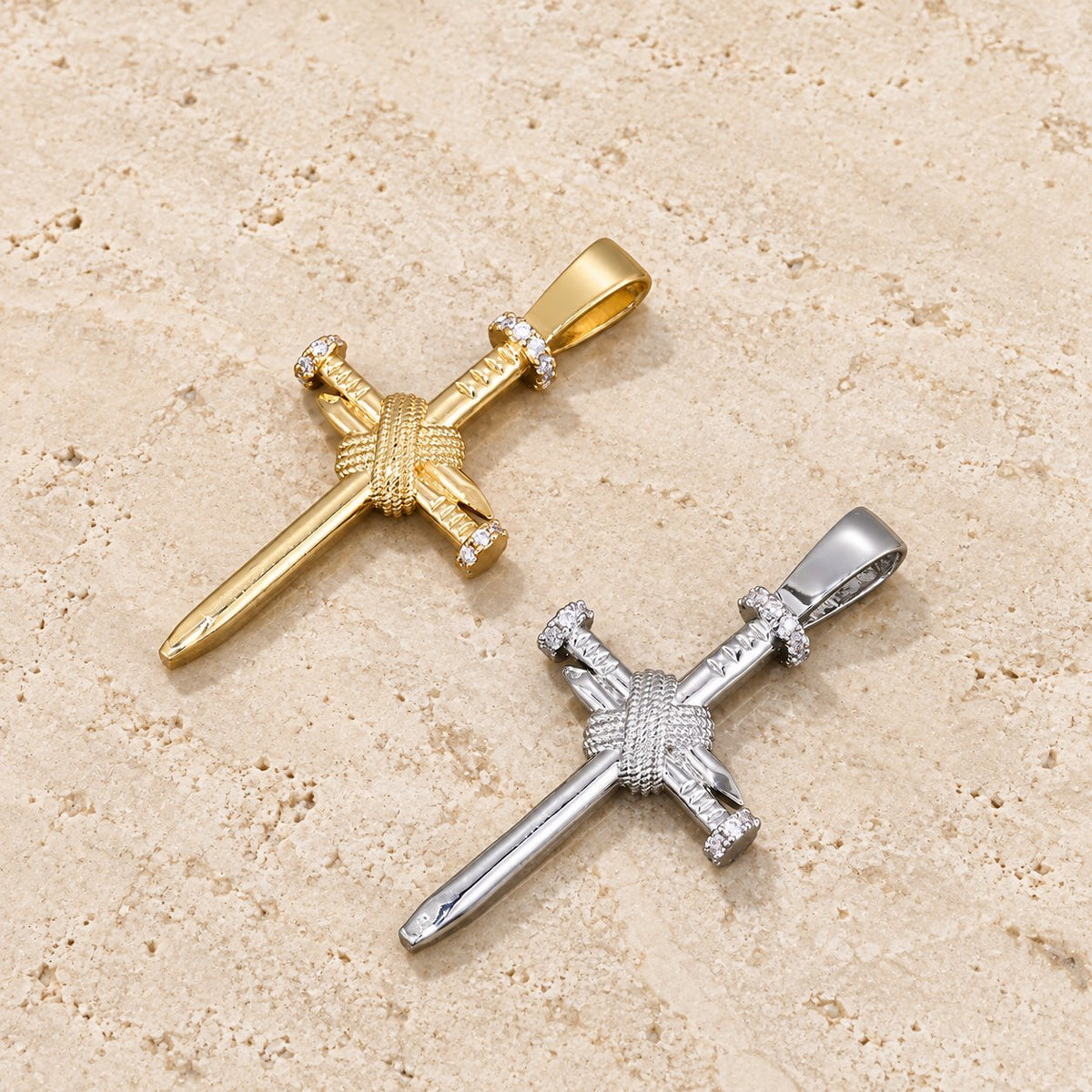 Zircon-Accented Nail Shaped Cross Pendant