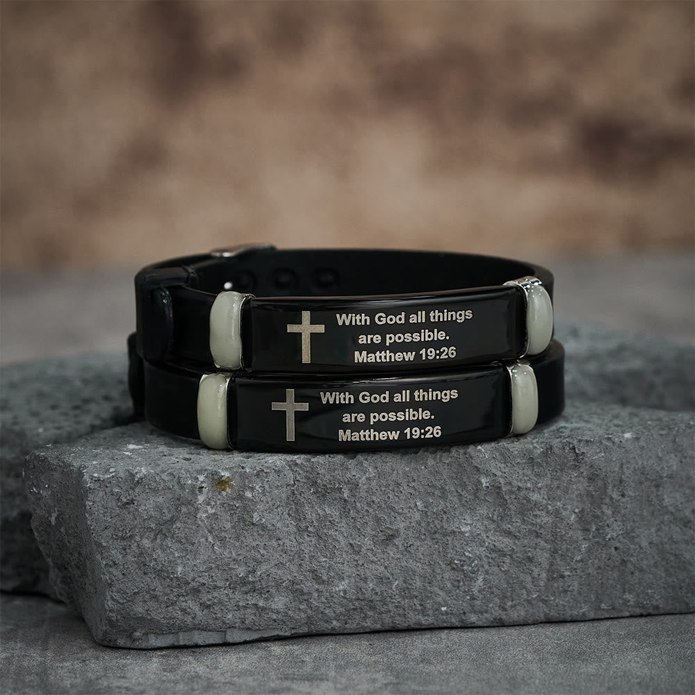 Pulsera Luminosa de Silicona con Cruz y Mateo 19:26: Mensaje Eterno de Esperanza y Fe