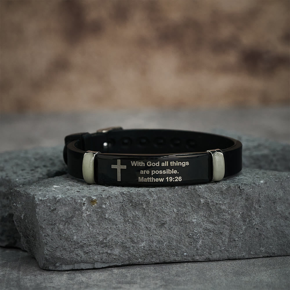 Pulsera Luminosa de Silicona con Cruz y Mateo 19:26: Mensaje Eterno de Esperanza y Fe